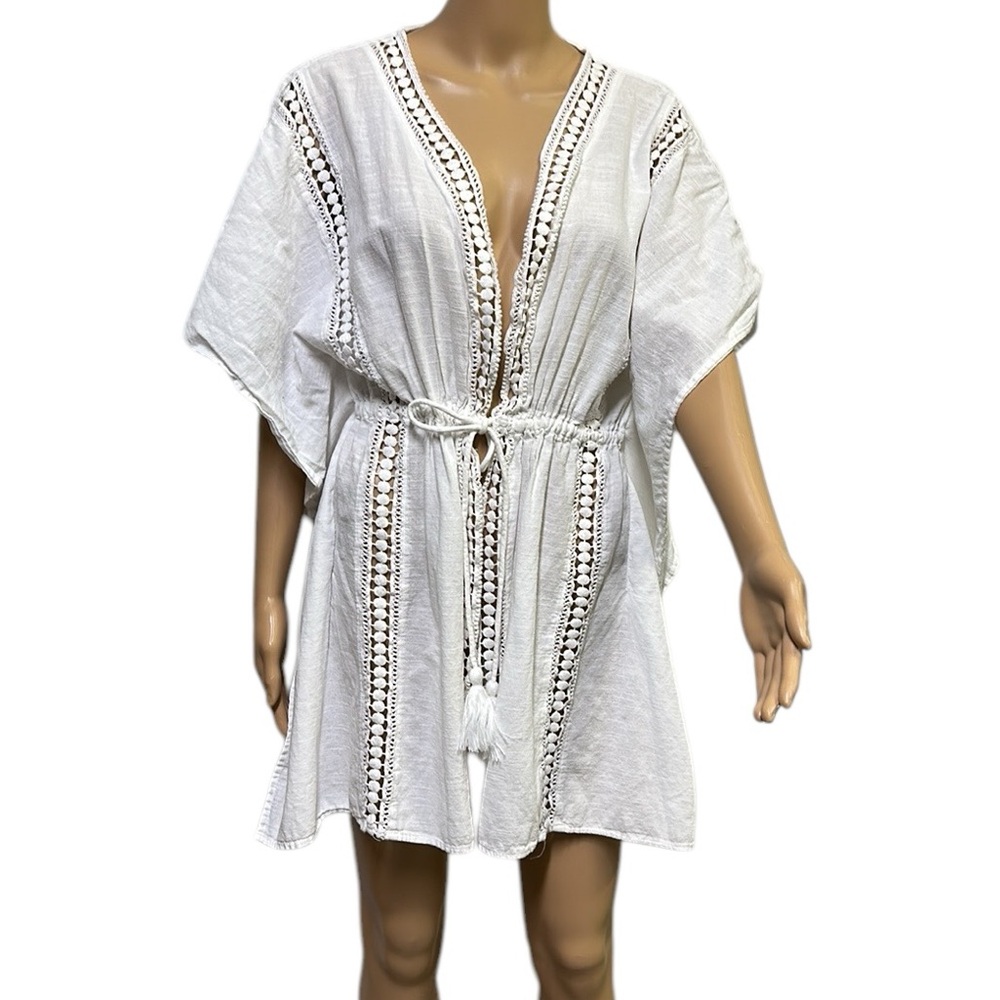 Bleu Rod Beattie India Bazaar White Coverup Tassel Tie Cotton Oversized Small